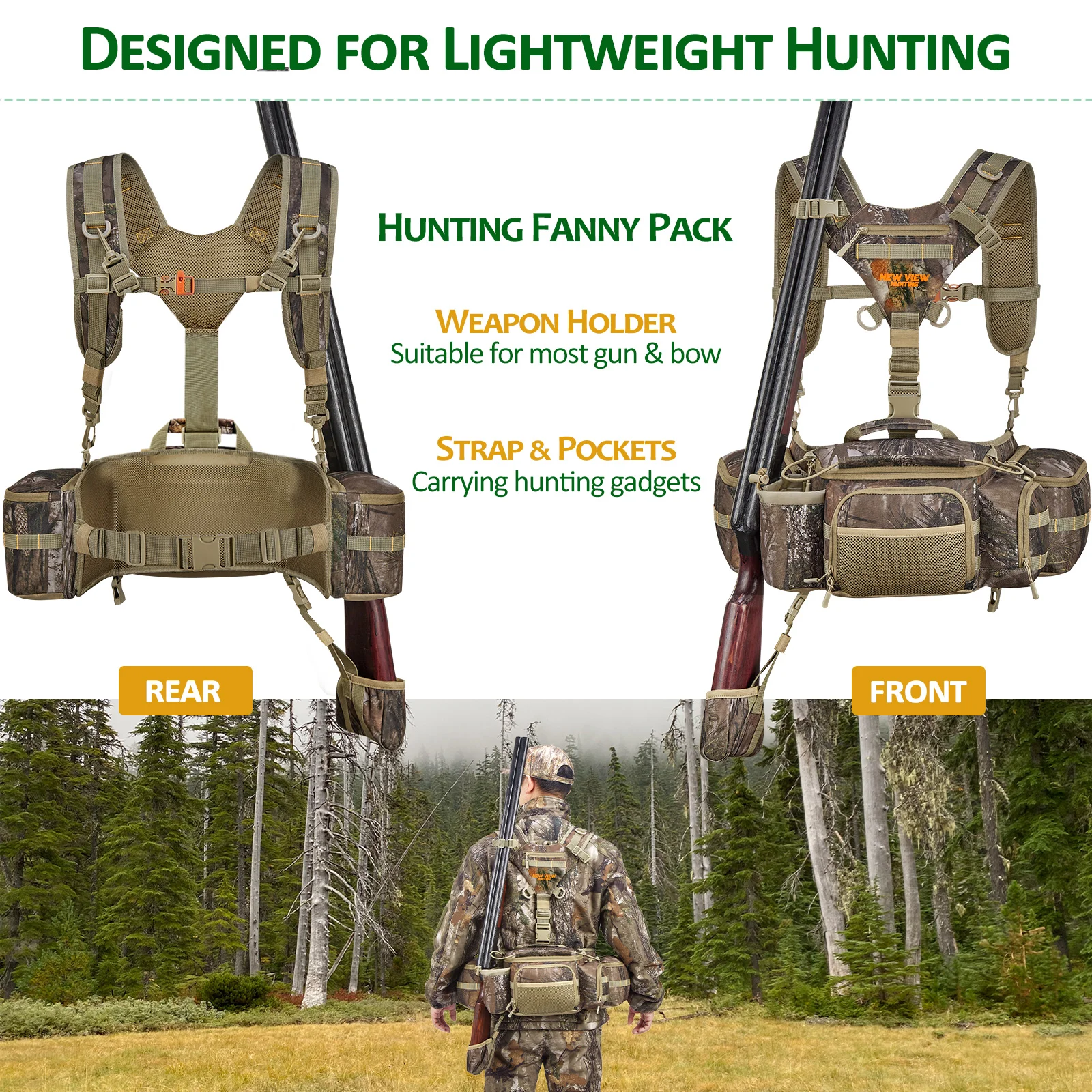 NEW VIEW Hunting Fanny Waist Pack for Men, Camo Waist Pack for Hunter, Fanny Hunting Pack with Rifle Holder