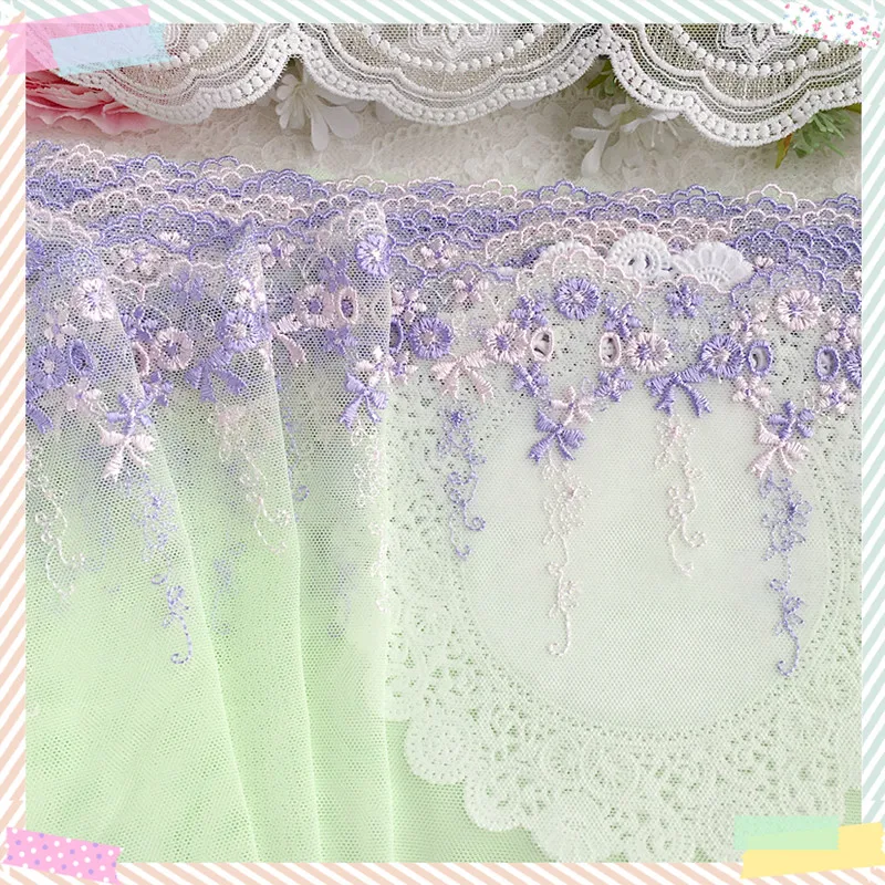 1 Yard Green Purple Embroidery Lace Trim for Bridal Wedding Gown Costume Design Lace Mesh 18cm wide