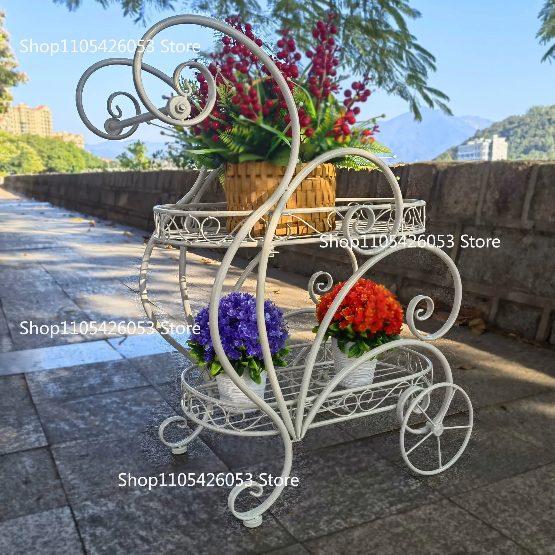 Portable Iron Garden Cart Mobile Plant Stand for Pots and Decor Balcony Flower Holder Stylish Rolling Storage Rack for Outdoor