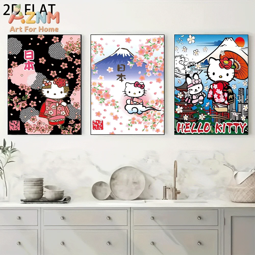 AZNM Hello Kitty Canvas Wall Art Unframed Cute Cartoon Print Poster Japanese Ukiyo-e Sakura Mount Fuji Kimono Design for Girls B