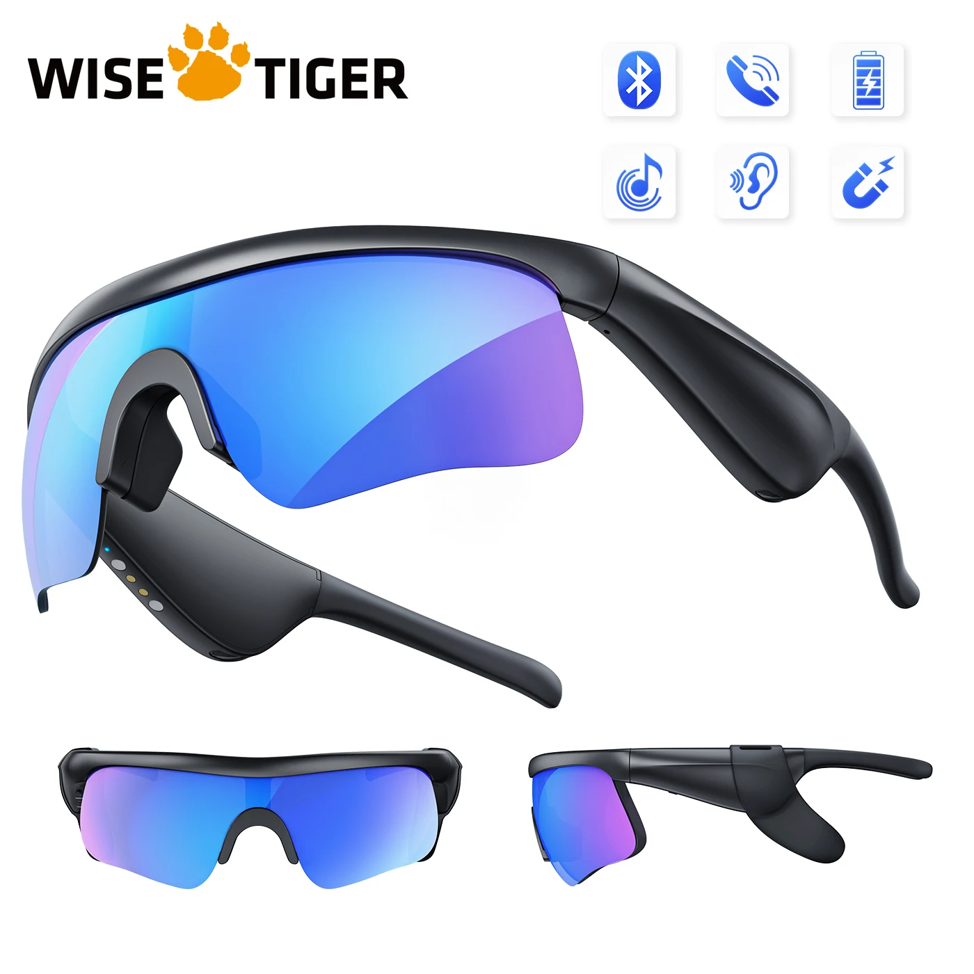 WISETIGER Smart Glasses, Polarized Cycling Sunglasses with Built-in Mic & Bluetooth Speaker, UV400 Protection & Voice Control