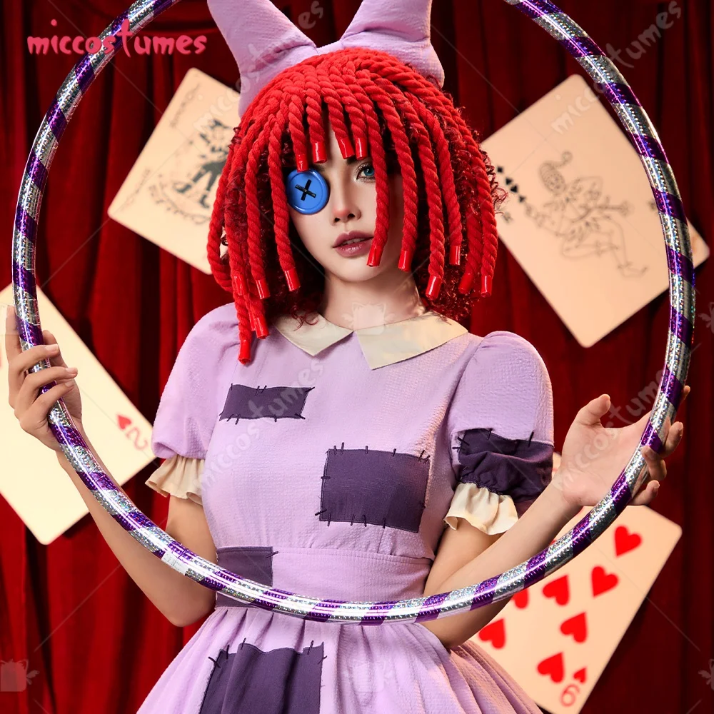 【Ready for Ship】Cosplay.fm Women's Cosplay Costume Rag Doll Purple Patchwork Dress with Belt and Braids Hair Accessories view 5