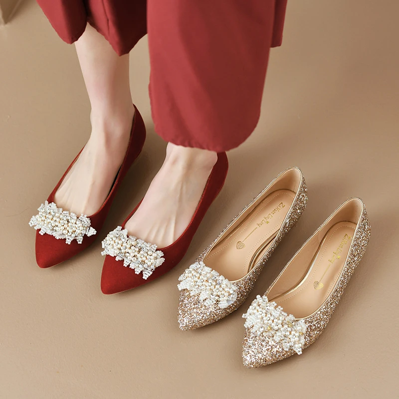 

Womens Red Gold Glitter Pointed Toe Ballet Flats With Pearl Rhinestone Bow Elegant Wedding Bridal Prom Party Shoes Comfortable