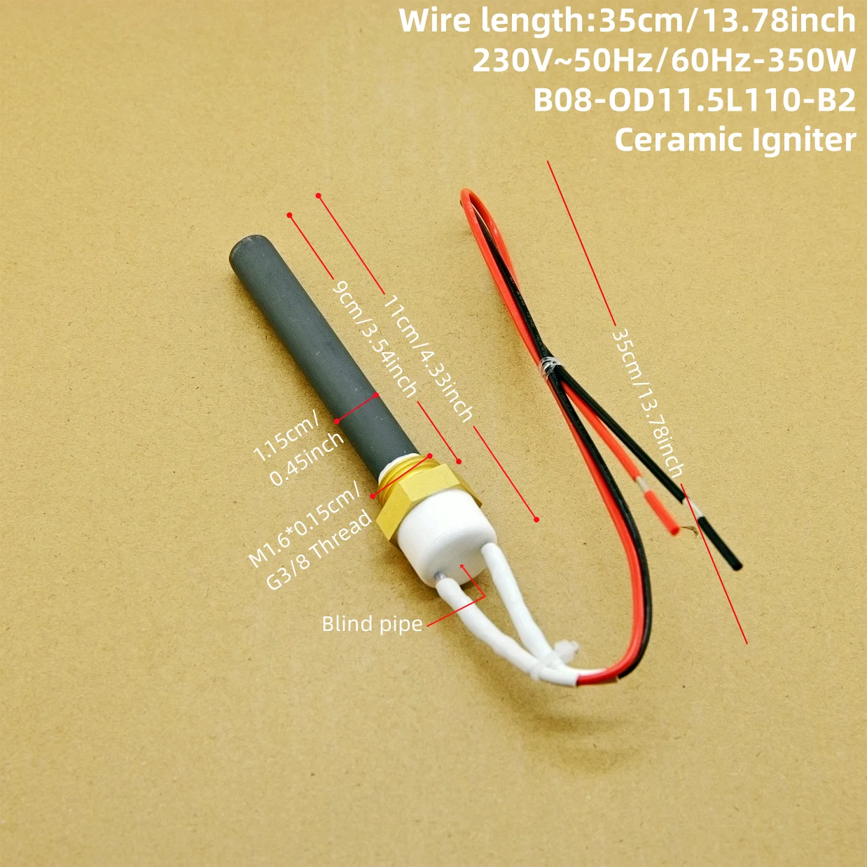 230V350W Ceramic Igniter for Pellet Stove Heating Tube Spark Plug for Wood Pellet Stove 11.5x6.5x110mm