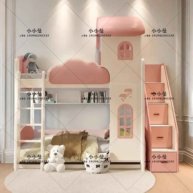 Castle Style Bunk Bed with Princess Theme Upper and Lower Beds Two Story High Low Bed Combination for Kids Bedroom Furniture