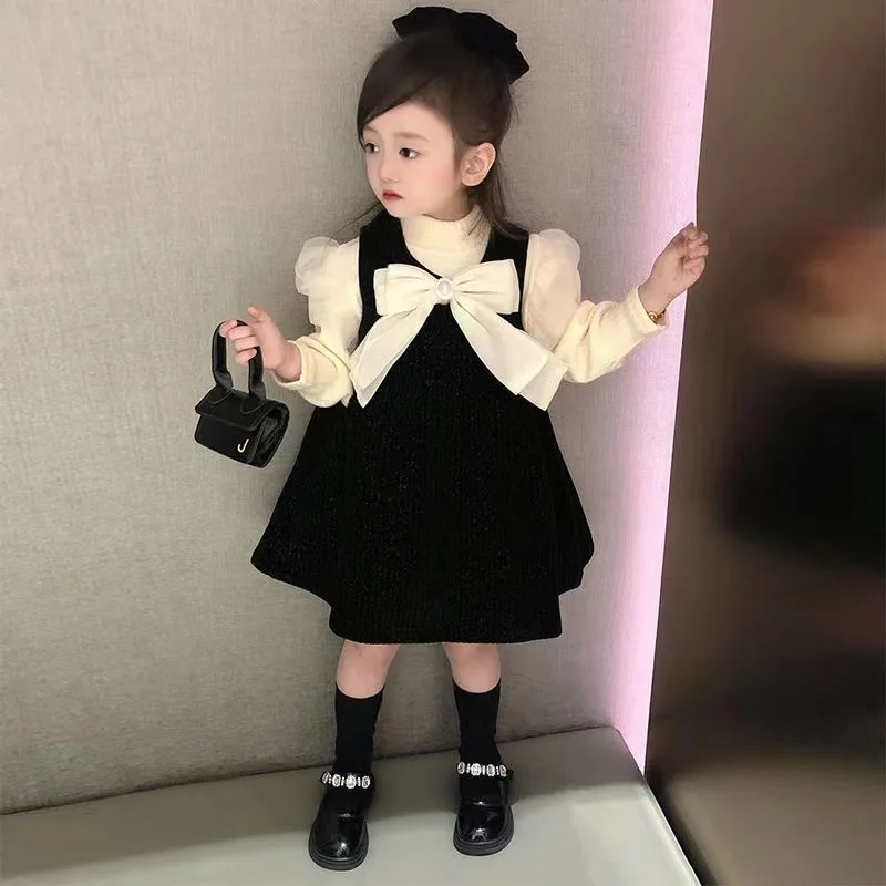 Girl Long-sleeve Soft Tulle Princess Dress Kids Puff Skirt Two-piece Inner Set Children Breathable Comfortable Baby Dress Casual