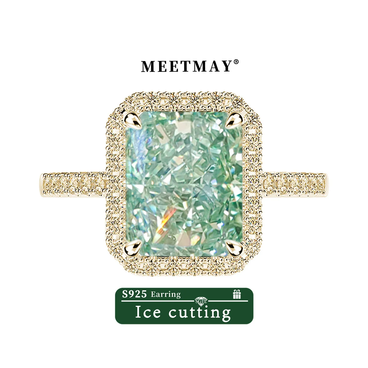 

S925 sterling silver plated platinum and golden rectangular mint green sparkle ice cut zircon ring for women jewelry gifts