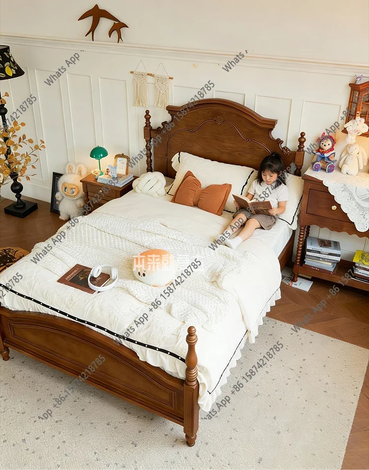 

N64 French retro solid wood children's bed 1.35m 1.5m medieval single double bed small apartment