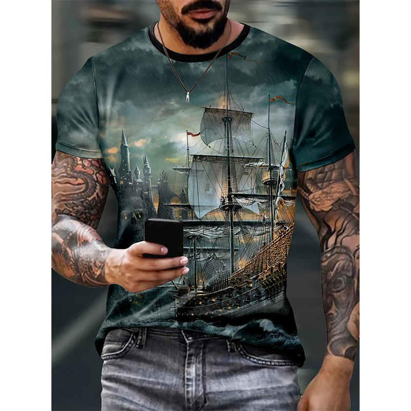 Sailing Ship Graphic T-Shirts Sailboat 3D Print Men Women T Shirt Short Sleeve Oversized Harajuku Y2k Tops Tees Kids Clothing