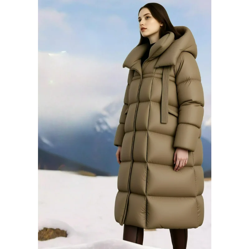 Długa kurtka damska ze strumieniowym puchem kaczym, z kapturem, luksusowa, gruba, luźna, duży rozmiar, płaszcz za kolano, długi rękaw, camel