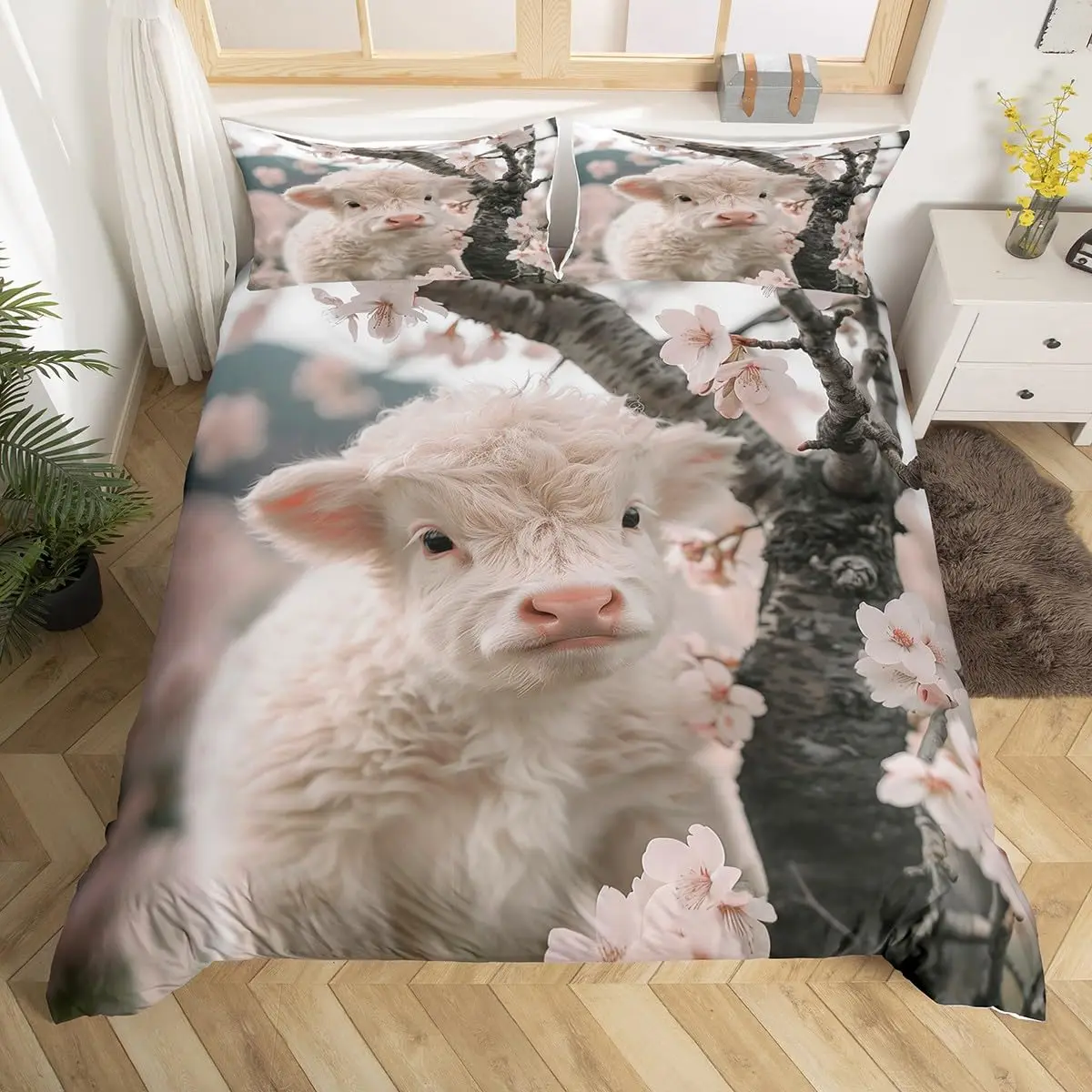 Cute Sheep Bedding Set Cartoon Animal Comforter Cover for Kids Flower Floral Print Duvet Cover Farm Zoo Garden Theme Quilt Cover