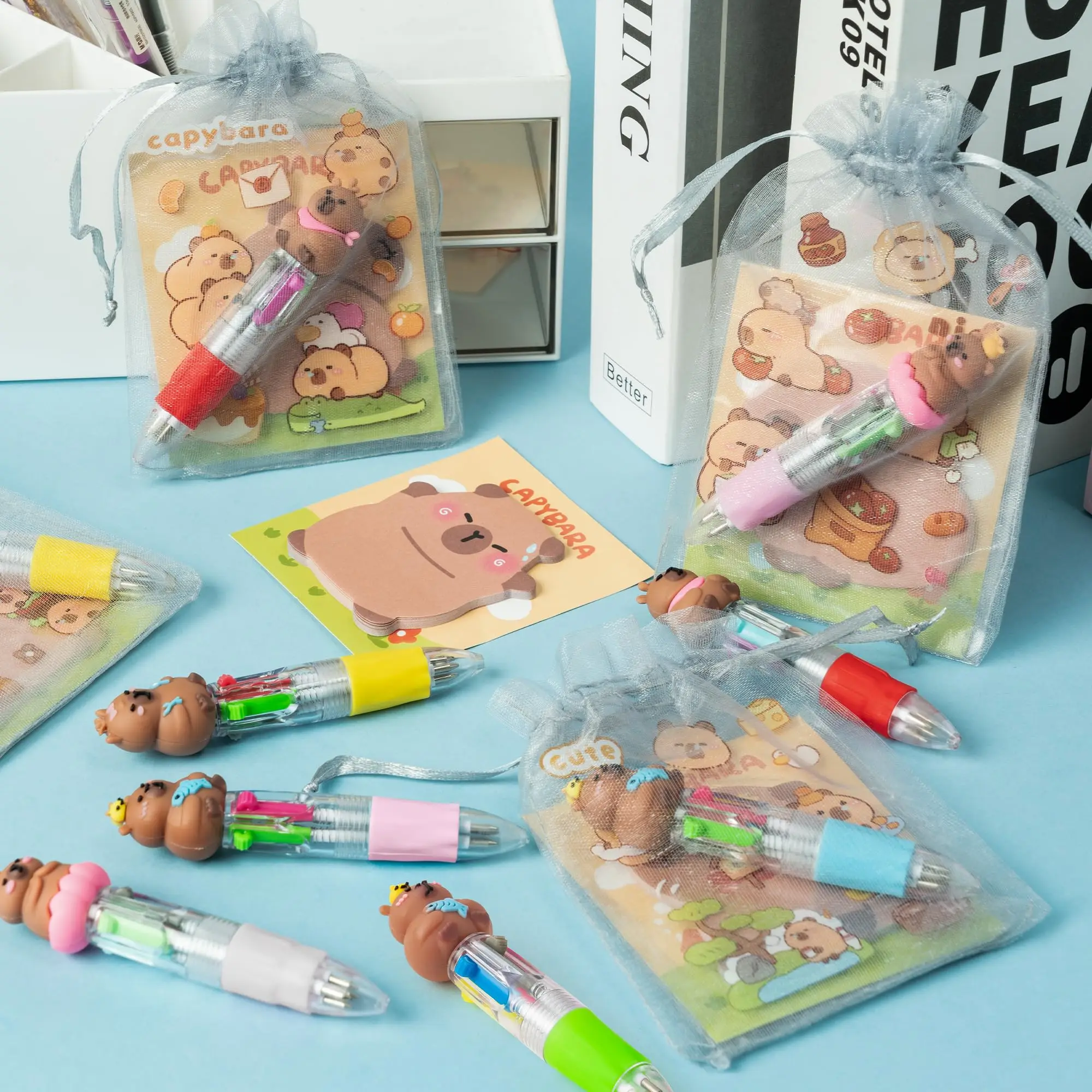 10-50Set Capybara Fun Prizes Animal Stationery Birthday Gift with 4-in-1 Ballpoint Pens Sticky Note Sticker and Organza Bags - view 4