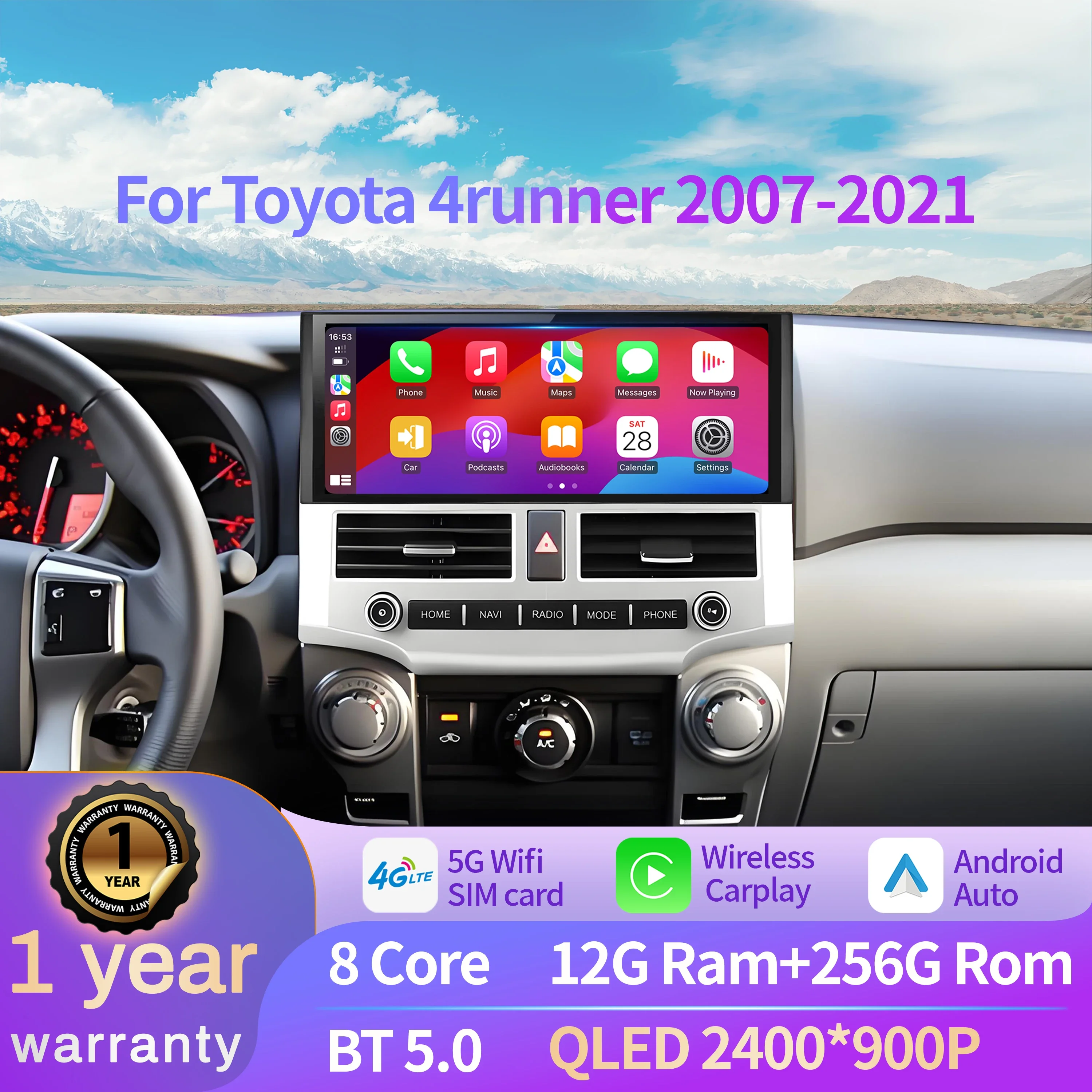 12.3 inch Car Radio Android 15 For Toyota 4runner 2007-2021 Wireless Bluetooth Carplay Multimedia Head Unit Touch Screen