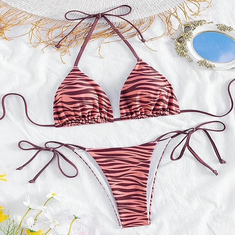 zebra striped micro bikini women halter push up bra triangle swimsuit Brazilian summer bathing suit swimwear 2024 swimming suit