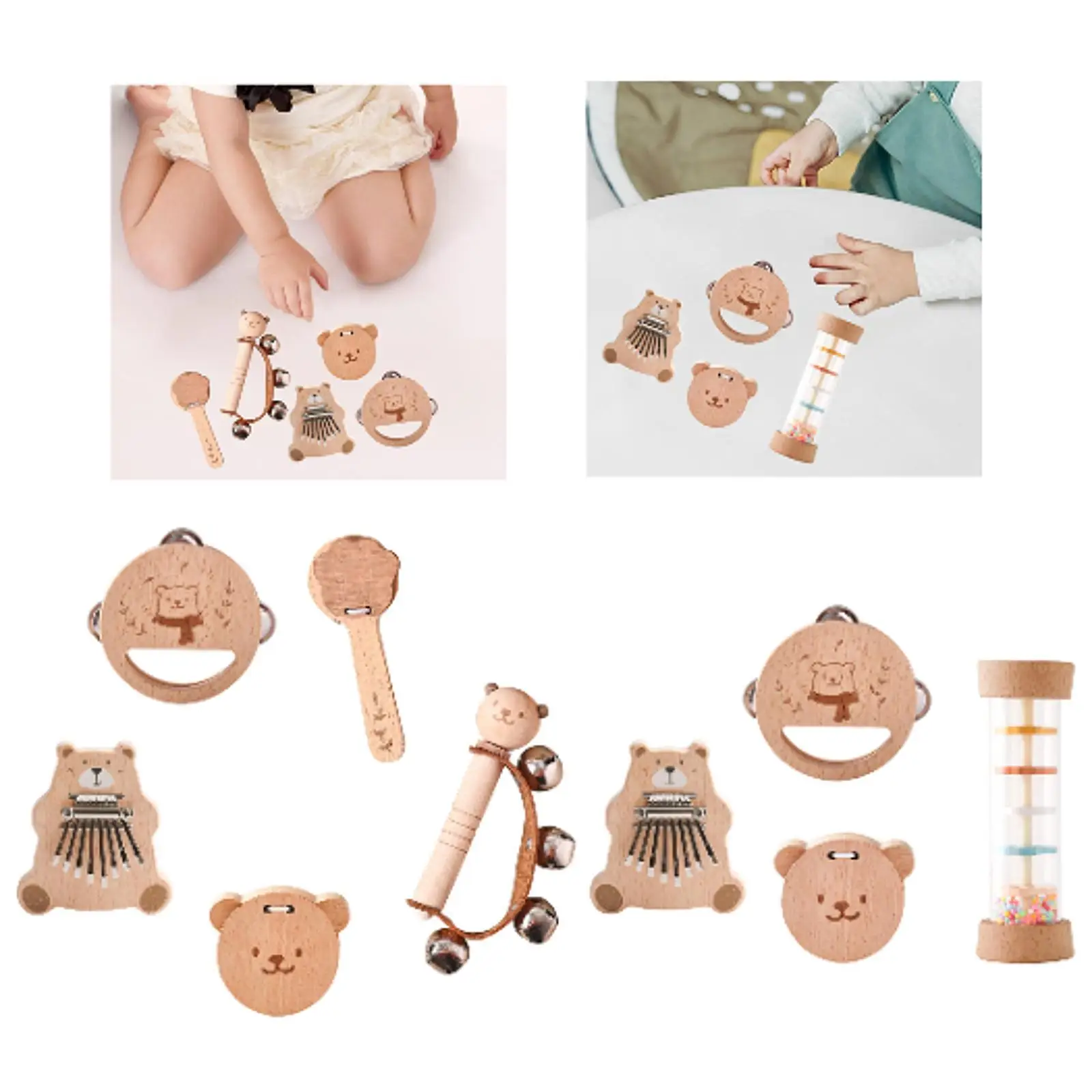 Wooden Rattle Set Hand Rattles Bell Preschool Percussion Instruments Baby