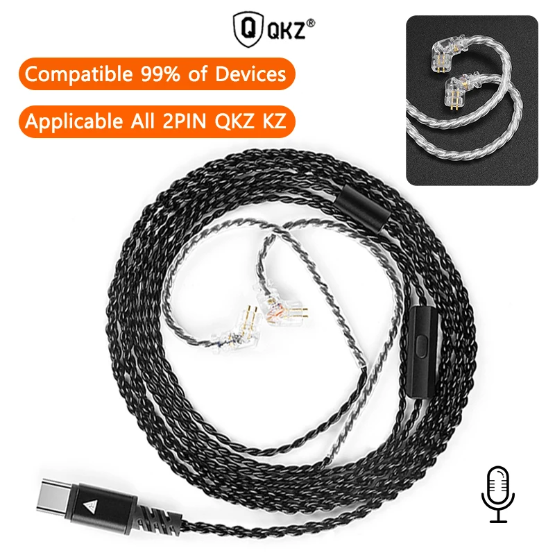 NEW QKZ Type-C to 2PIN Four-Strand Silver-Plated Earphone Upgrade Cable Hifi With Mic In-Ear Headphone Accessories For KZ QKZ