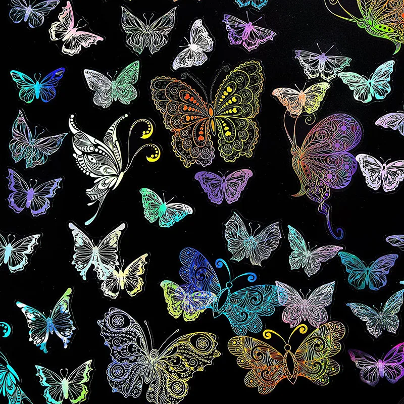 55Pcs Holographic Glitter Butterfly Stickers Set Vintage Waterproof PET Transparent Decorative Decals Laser Adhesive Stickers