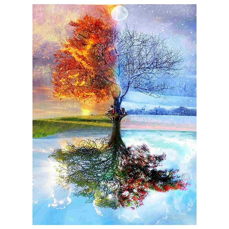 Diamond Painting Full Circle Diamond Kit Rhinestone Picture Art Craft Home Door Decoration (Four Seasons Tree)