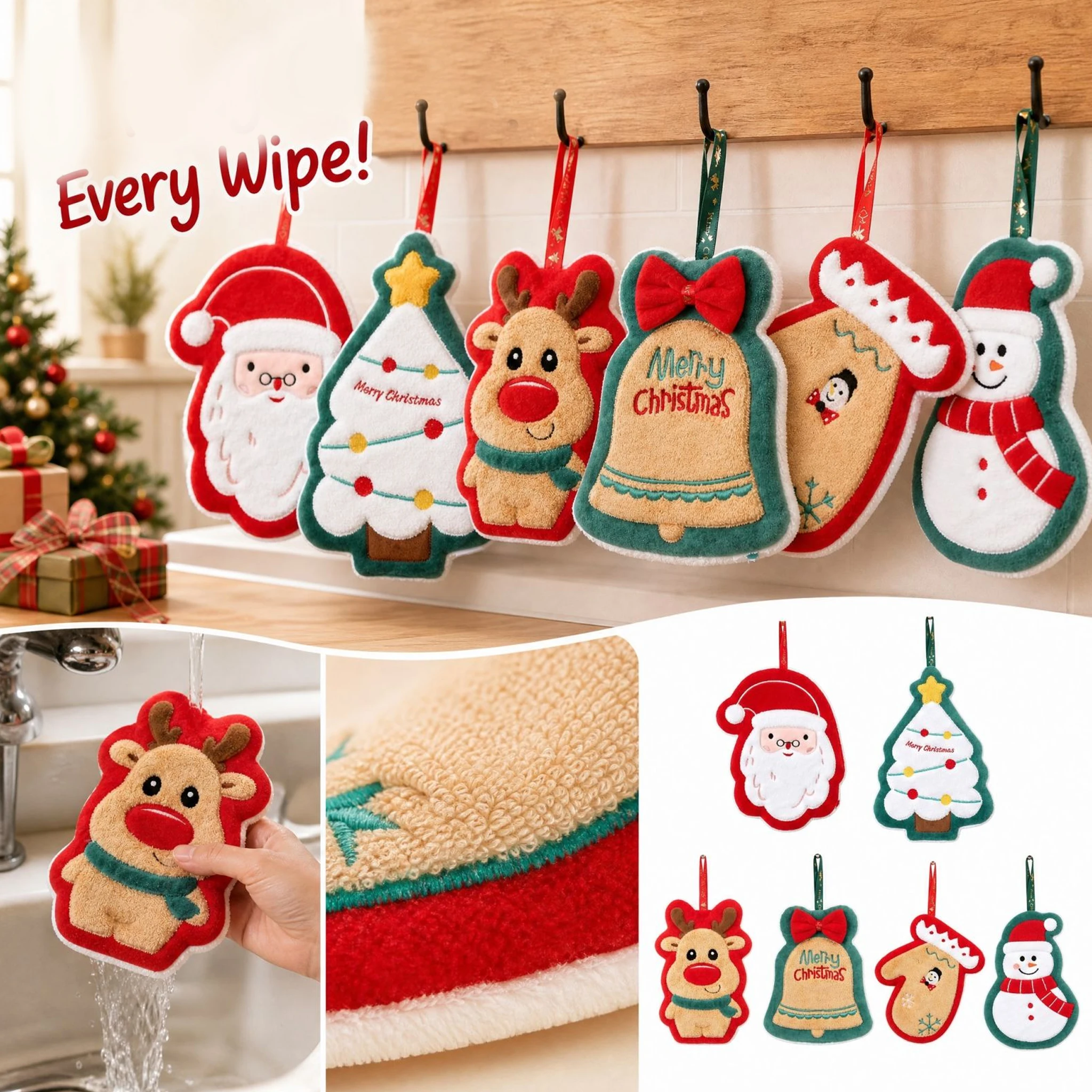Christmas Cute Cartoon Hand Towel Xmas Hanging Thickened Towel Quick Dry Absorbent Kitchen Dish Cloth for Holiday Decor
