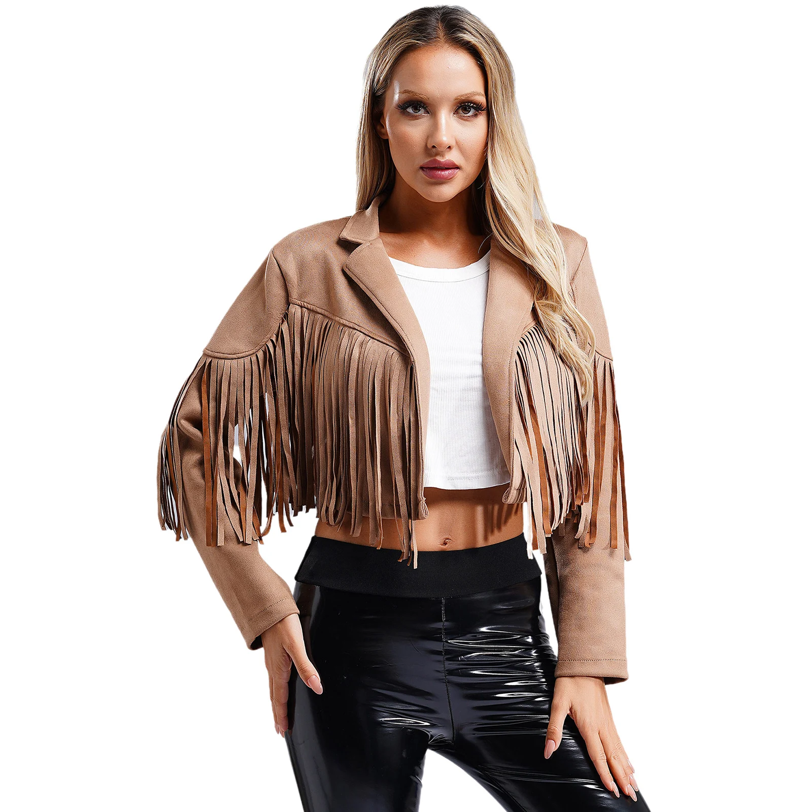 Womens Gothic 80s Hippie Coat Fringe Faux Suede Cropped Jackets Long Sleeve Open Front Cardigan Party Cowgirl Costume Outerwear