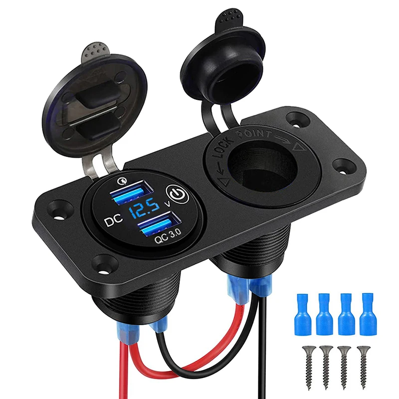 Quick Charge 3.0 Cigarette Lighter Outlet Waterproof 12V/24V Dual USB Car Socket with LED Voltmeter Touch Switch for Car RV Boat