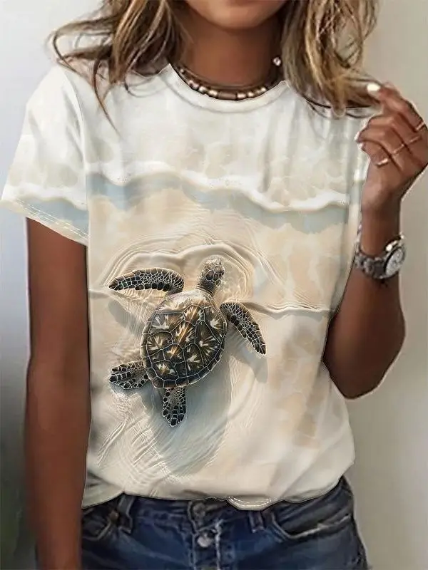 Summer T-Shirts Sea Turtle 3D Print Women's Casual Short Sleeve Round Neck T Shirt Tops Harajuku Y2K Street Tees Female Clothing