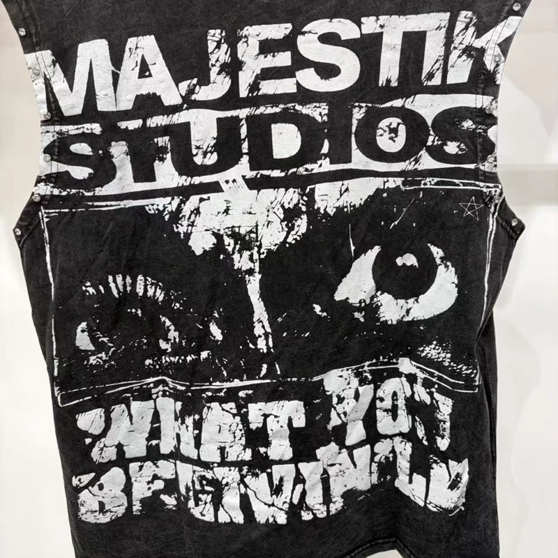 Schwarzes Grafik-Tanktop für Herren Sommer Gothic-Kleidung Distressed Ärmelloses T-Shirt Vintage Strass-Nieten Hip-Hop-Weste – Detail 8