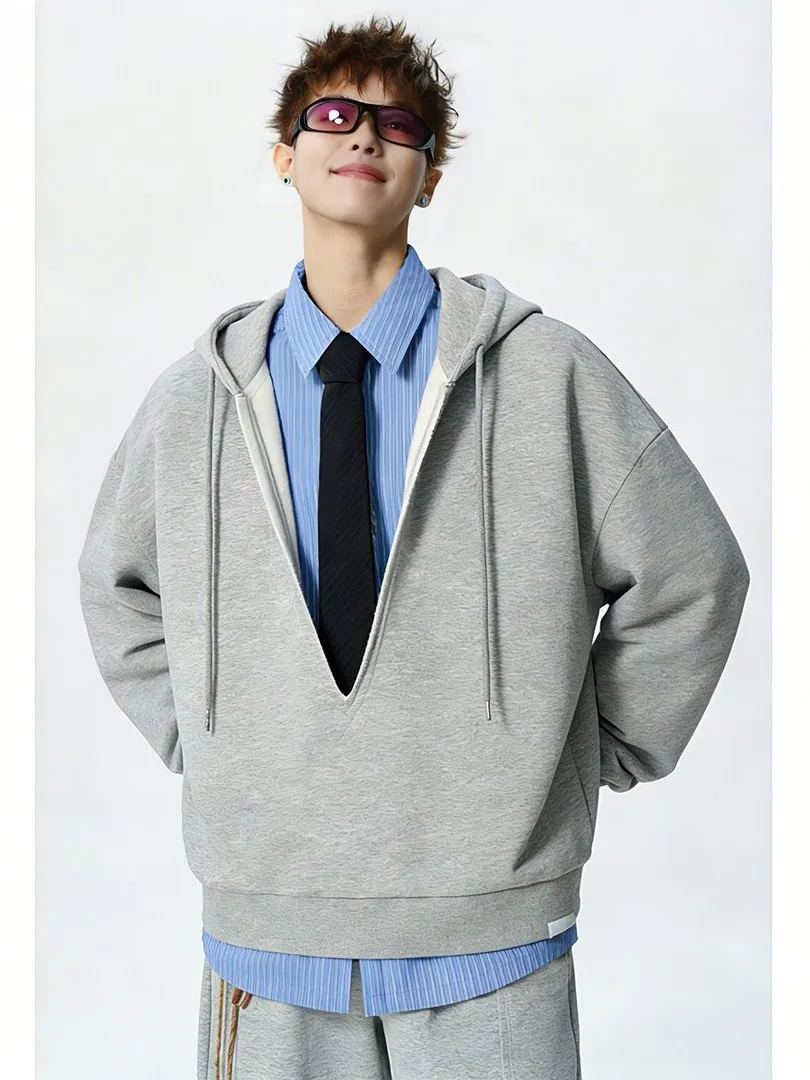 

American Sle Heavyweight V-Ne Hoodie Men's High-End Striped irt Patchwork Spring Layering Trendy Jaet Casual Wear