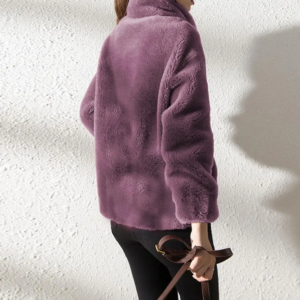 Women Jacket Plush Double sided Winter Coat with Stand Collar Zipper Closure Neck for Commute