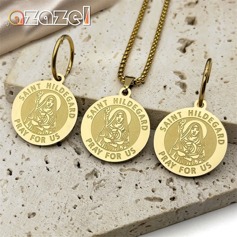 SAINT HILDEGARD PRAY FOR US Pendant Necklace Earrings Set For Women Men Stainless Steel Gold Color Round Medal Germanic Jewelry