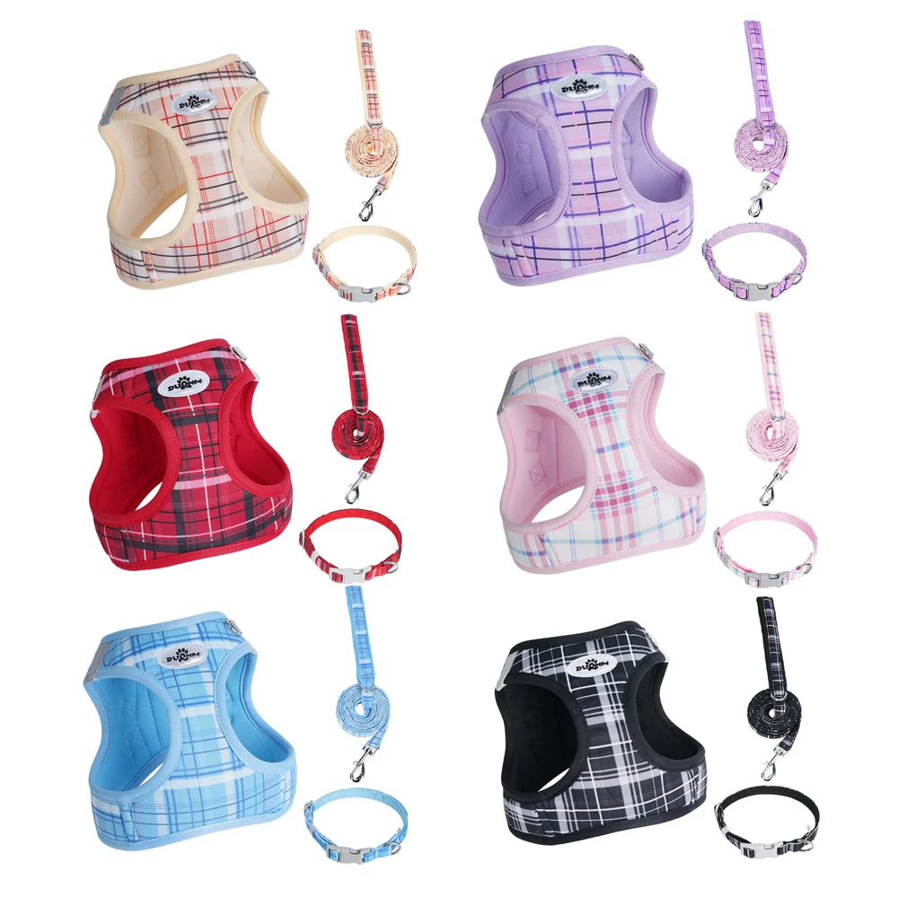 New! Plaid 3-Piece Leash Set For Cats & Dogs - Adjustable, Durable & Comfortable Pet Walking Accessories, Trendy Matching Collar_voghion.com