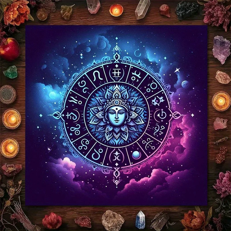 1pc Mystical Zodiac Wheel Tarot Tablecloth – Sacred Altar Cloth for Divination, Meditation & Cosmic Home Decor
