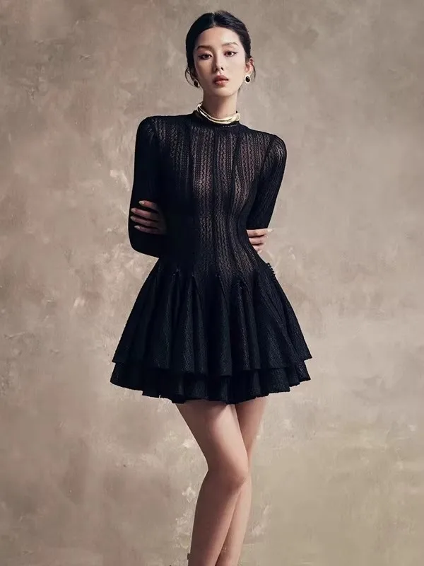 

2025 Spring Summer New Bla round Ne Long Sve Women's Puffy Skirt Dr High Waist A-Line ort Dr Commute Sle
