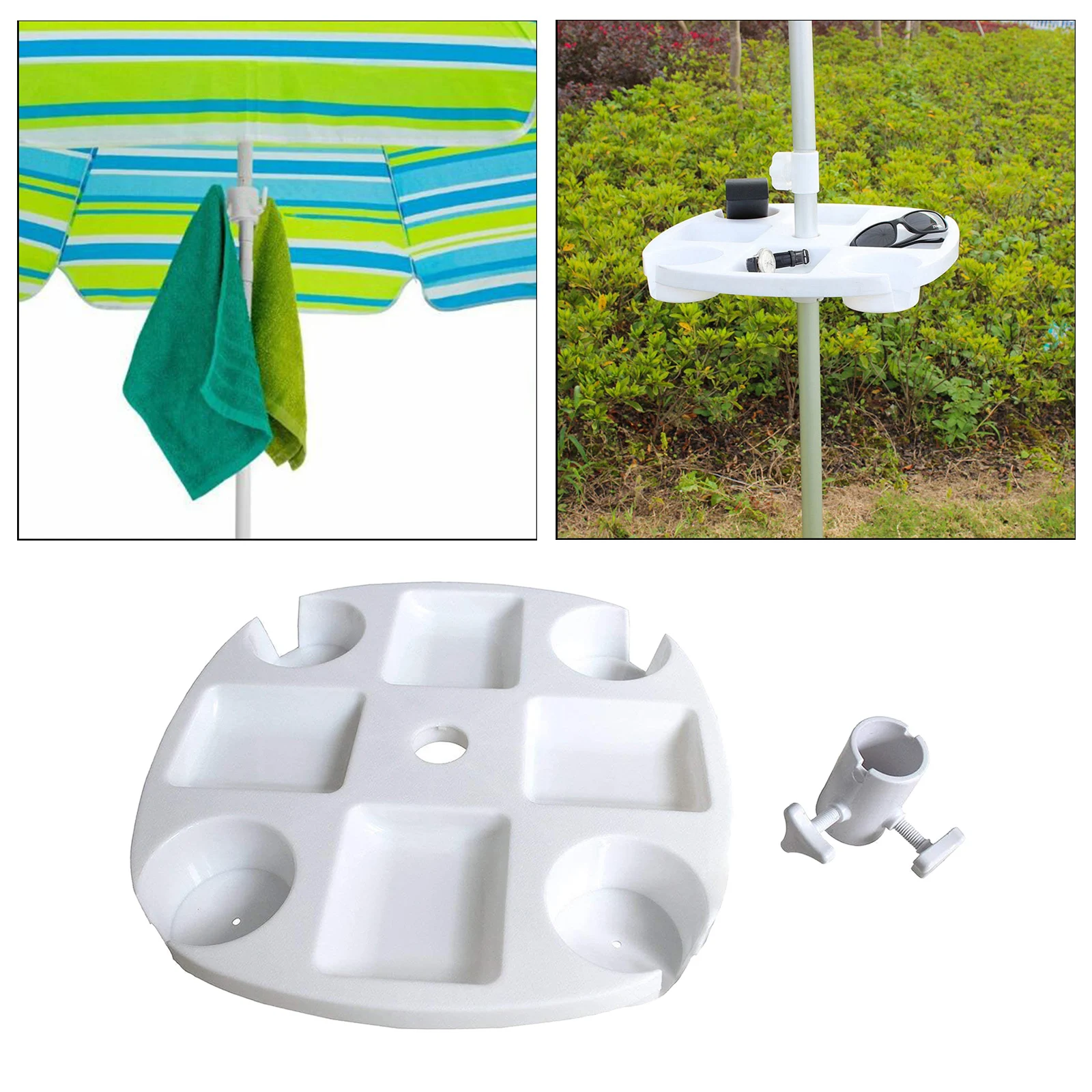 Plastic Beach Umbrella Table Tray with Hanging Hook for Beach Patio Garden White, Totally 4 Cup Holder, 4 Snack Compartments