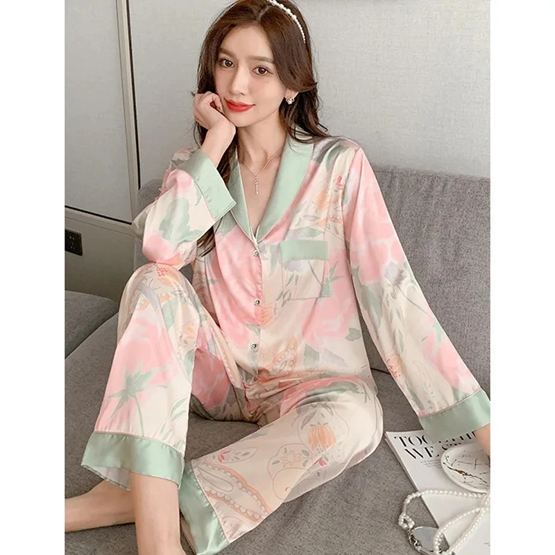 Women\'s Pajamas Sets Sleepwear Spring Autumn 2 Piece Lapel Print Pyjama Faux Silk Satin Long Sleeve Pijama Mujer Pjs Homewear