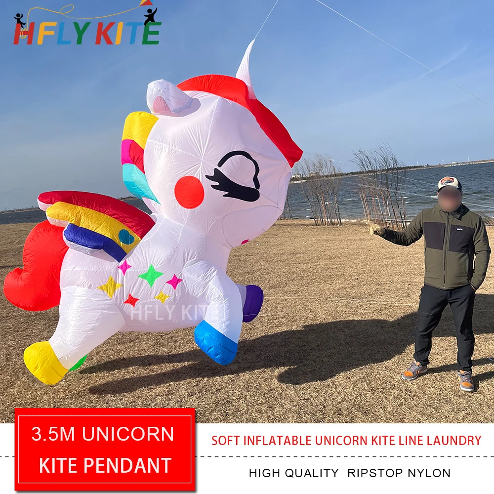 Recién llegado, 3,5 m, encantadora línea de cometa de unicornio, lavandería para adultos, colgante de cometa de caballo volador inflable suave de nailon Ripstop