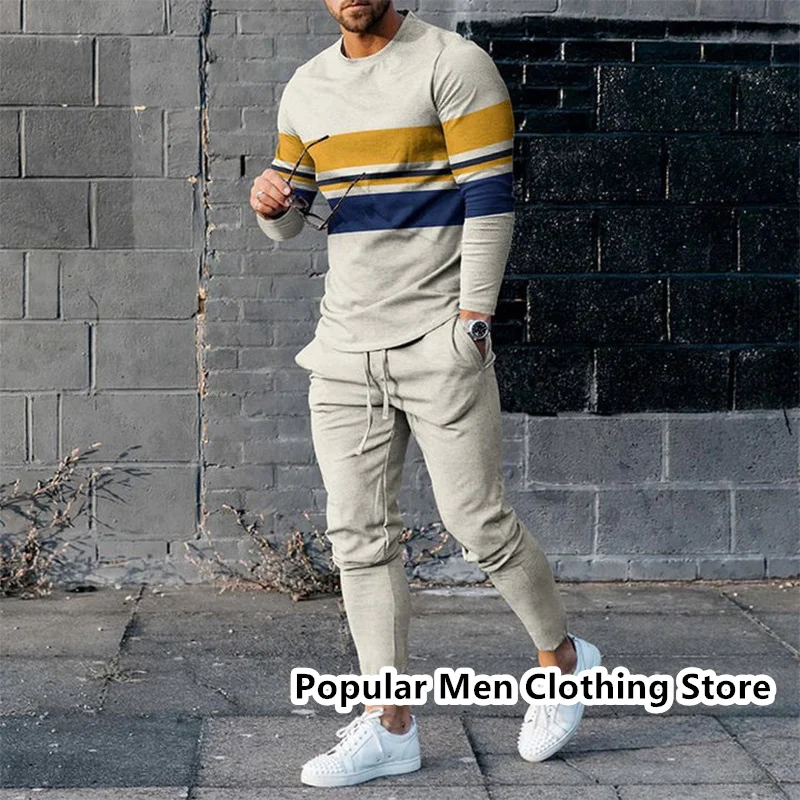 2023 Newest Long Sleeved T Shirt for Men Sets 3D Print Trend Casual Sports Pants Suits Fashion Streetwear Men's Clothes Outfits