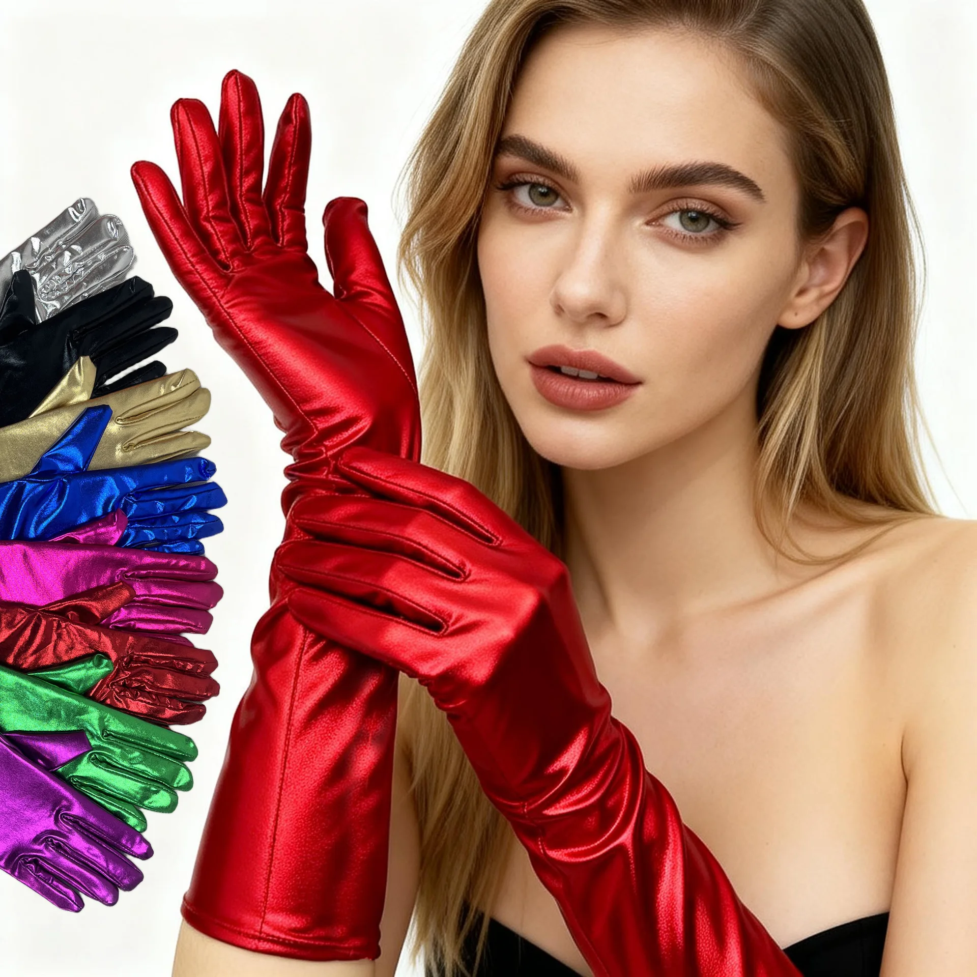40CM Solid Color Prom Sexy Stretch Patent Leather Gloves Halloween Party Nightclub Performance Long Gloves