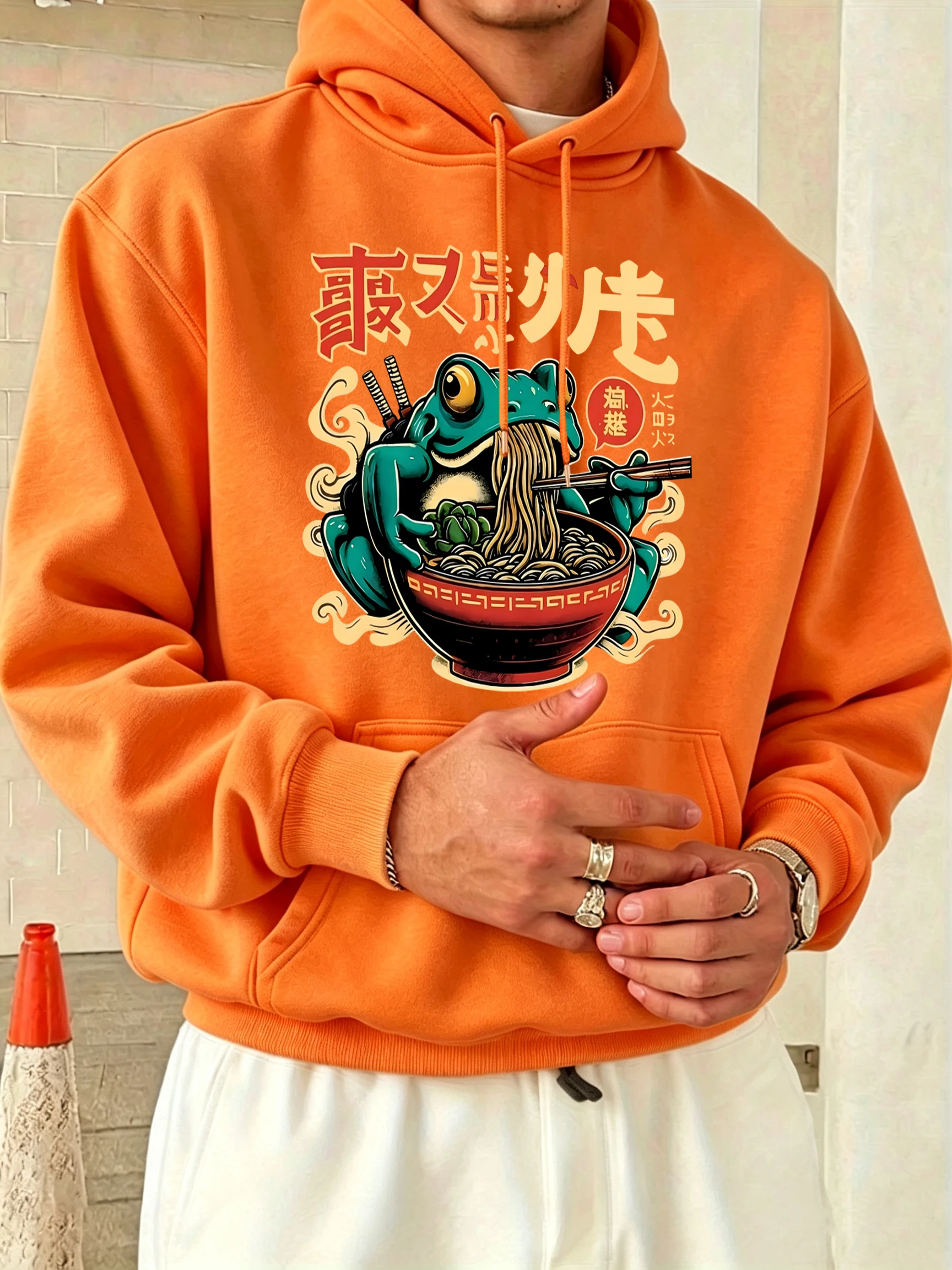 Frog Eating Ramen Noodles Prints Autumn Street Pullover Mens Sport Comfy Hoodie Fleece Basic Long Sleeved Casual Soft Clothes