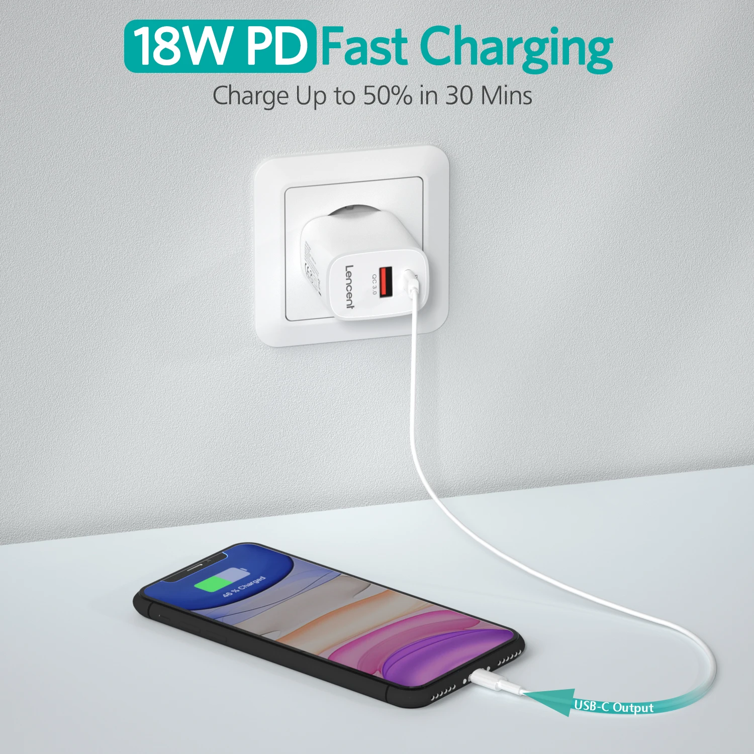 LENCENT PD Pengisi Daya USB 18W QC Isi Daya Cepat 3.0 Adaptor Pengisi Daya Dinding Ponsel Cepat untuk iPhone 12-8 Seri iPad Pro Galaxy Huawei