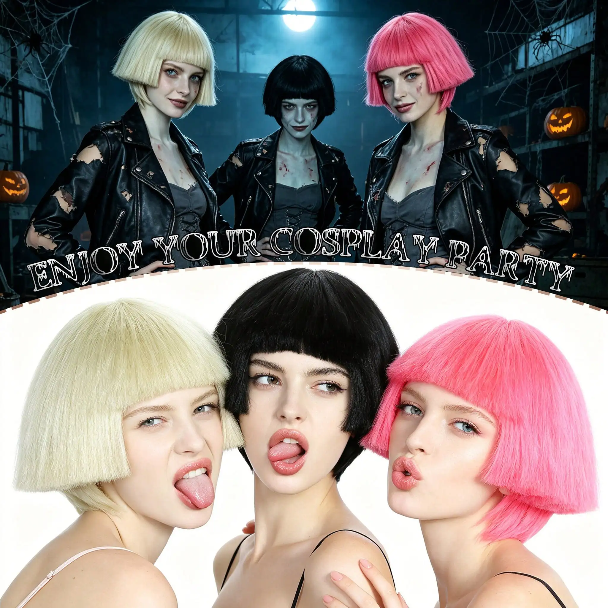 Trendy Yaki Straight Platinum Blonde Black Neon Pink Synthetic Bowl Haircut Costume Party Wig, Funny Mushroom Cut Wigs for Women