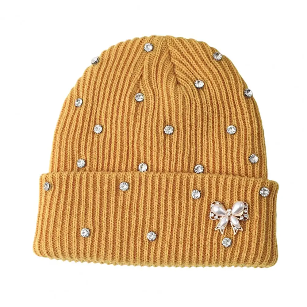 Faux Pearl Bow Knit Cap Winter Knitted Hat with Rhinestone Bow Faux Pearl Cuffed Skull Cap Warm Ribbed for Women Men for Women