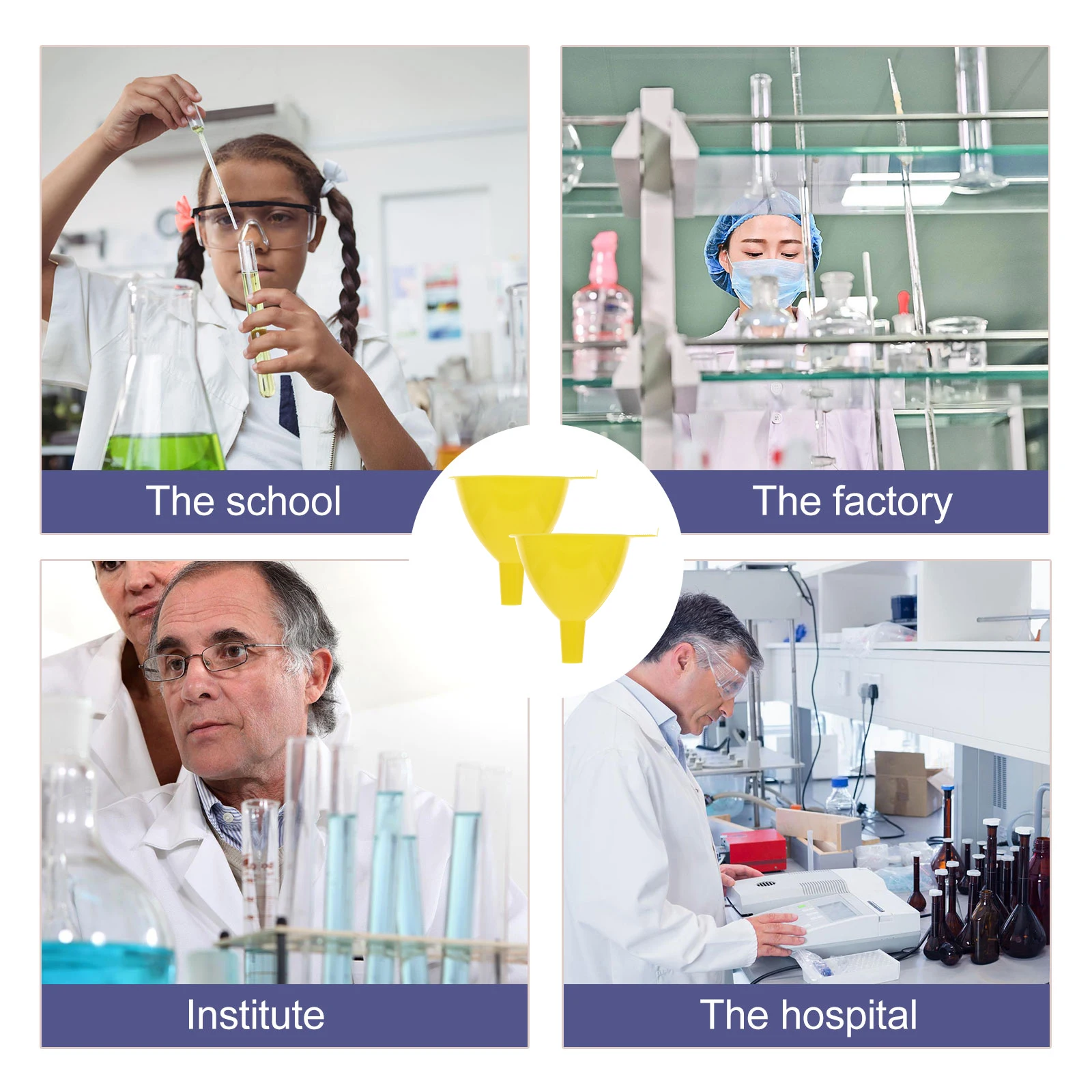 Experimentos científicos plásticos do funil do laboratório que separam funis líquidos da cozinha