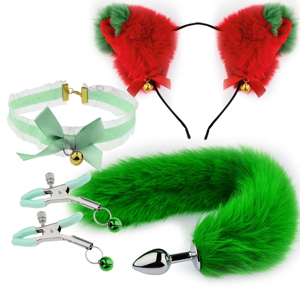 SM Stereo Ear Tail set Fun play role Play Back Court Tail Anal plug toy SM Red Green Christmas