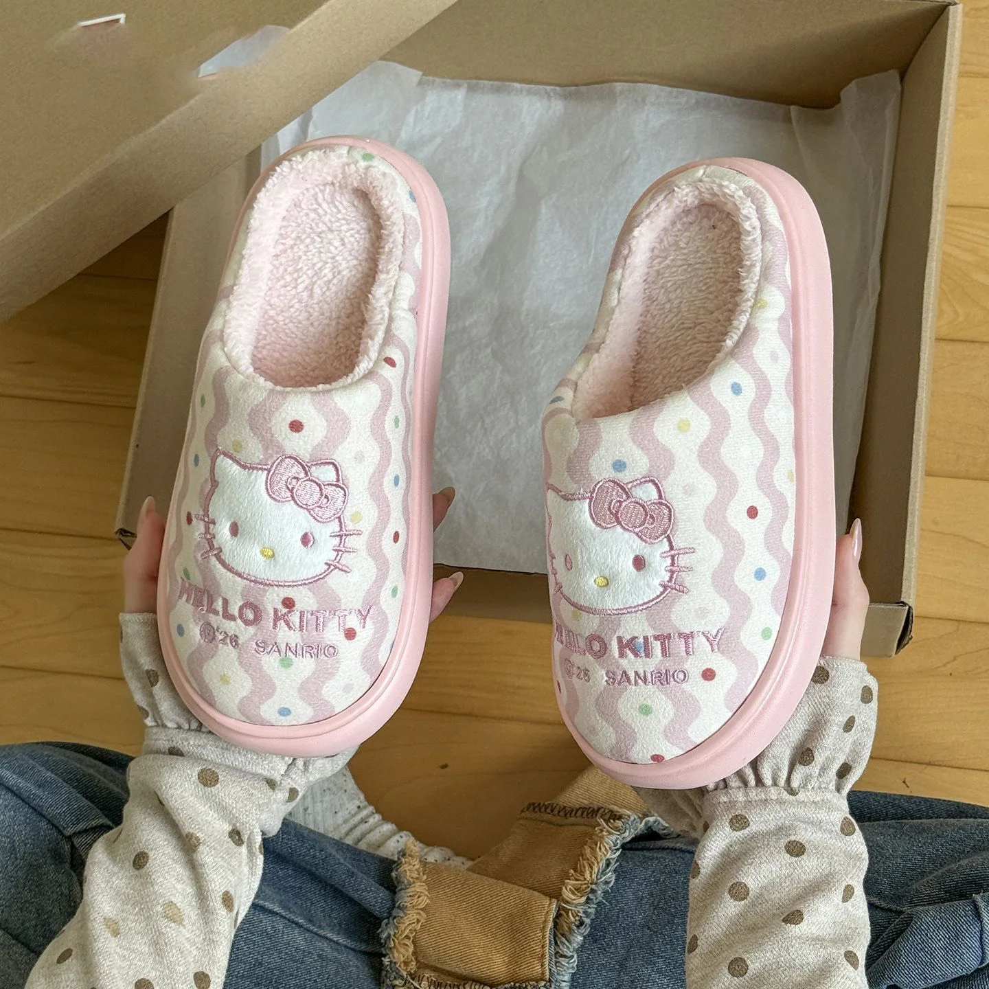 Hello Kitty Pluche Pantoffels Dames Kawaii Cartoon Winter Warme Gesloten Teen Pantoffels Zachte Zool Antislip Binnenhuis Schoenen