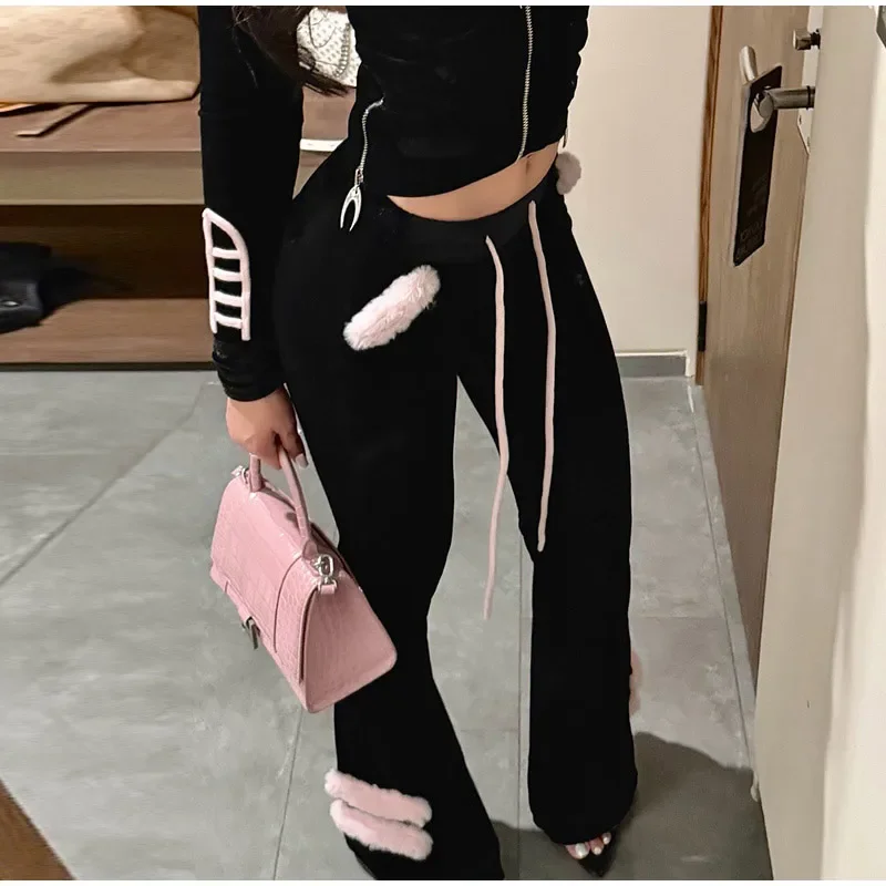 Damen-Hosen-Sets Kunstfell-Patchwork Langarm-Reißverschluss-Hoodies Mäntel Hochgeschnittene Schlaghosen Herbst Neue Schlanke Outfits für Frauen – Detail 13