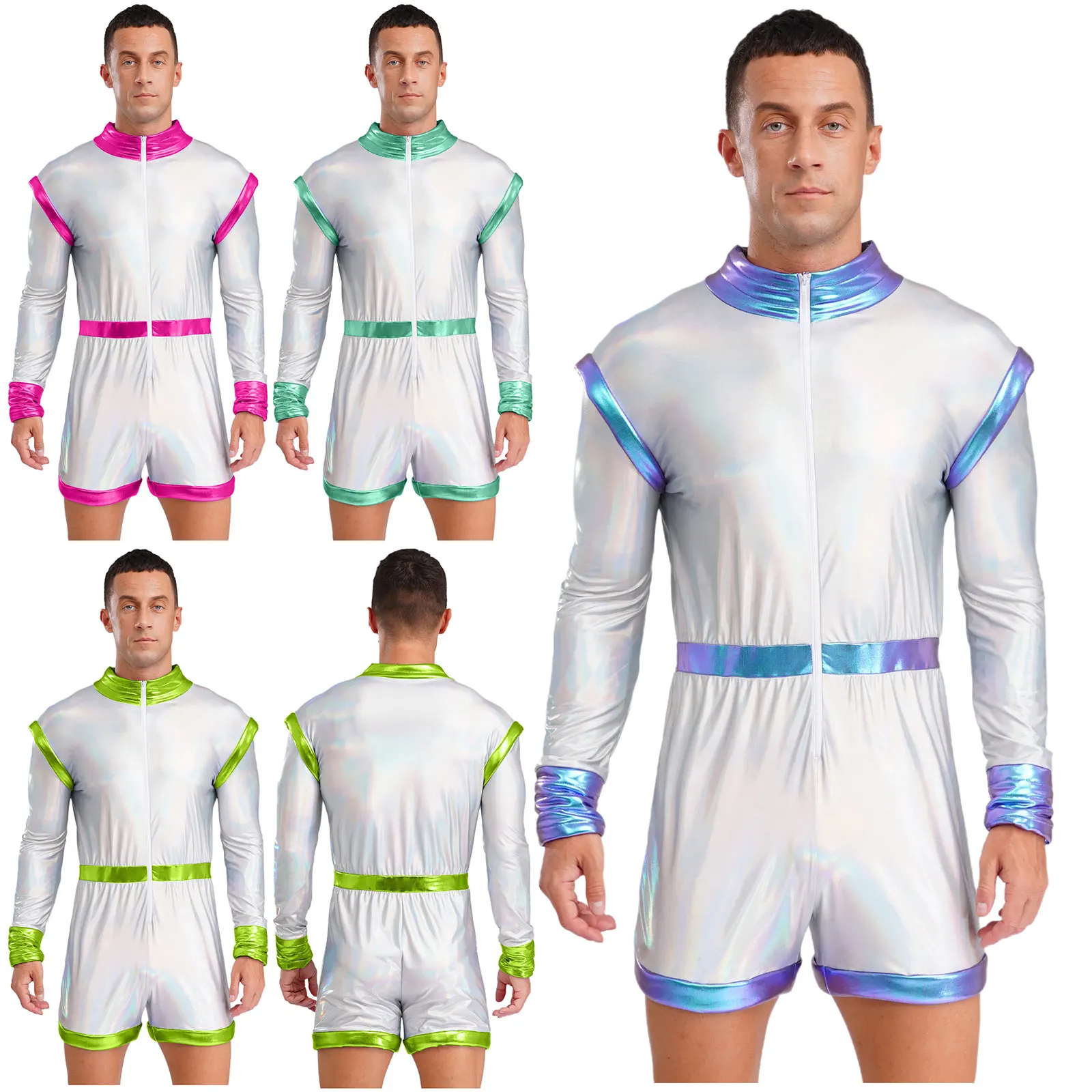 Men Long Sleeve Metallic Shiny Sponge Edge Bodysuit Carnival Clubwear Halloween Space Alien Robot Galaxy Warrior Cosplay Costume