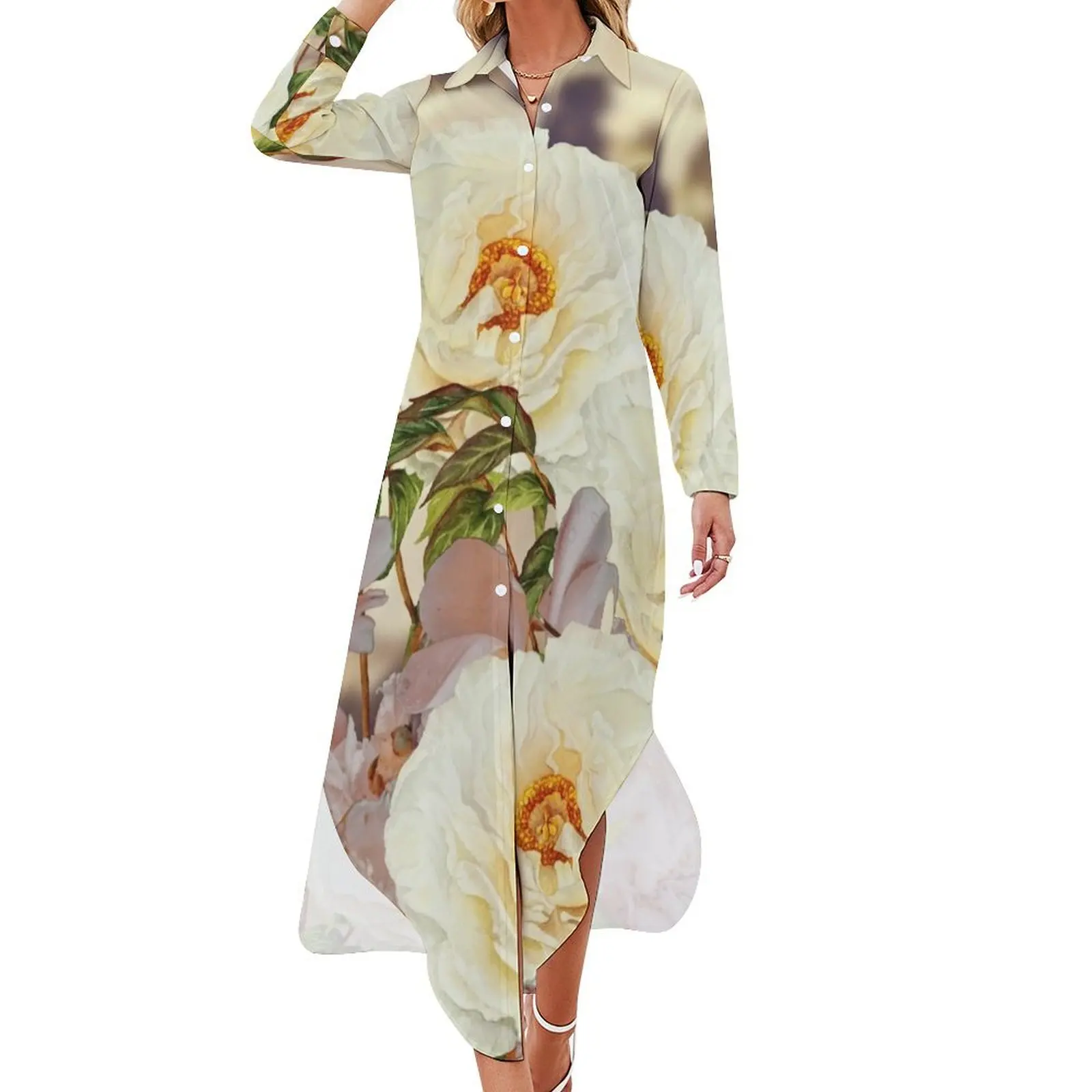 

White Peony Flower Purple Vase Long Sleeved Shirt Dress dresses for woman long sleeve dress evening dress dresses korean style
