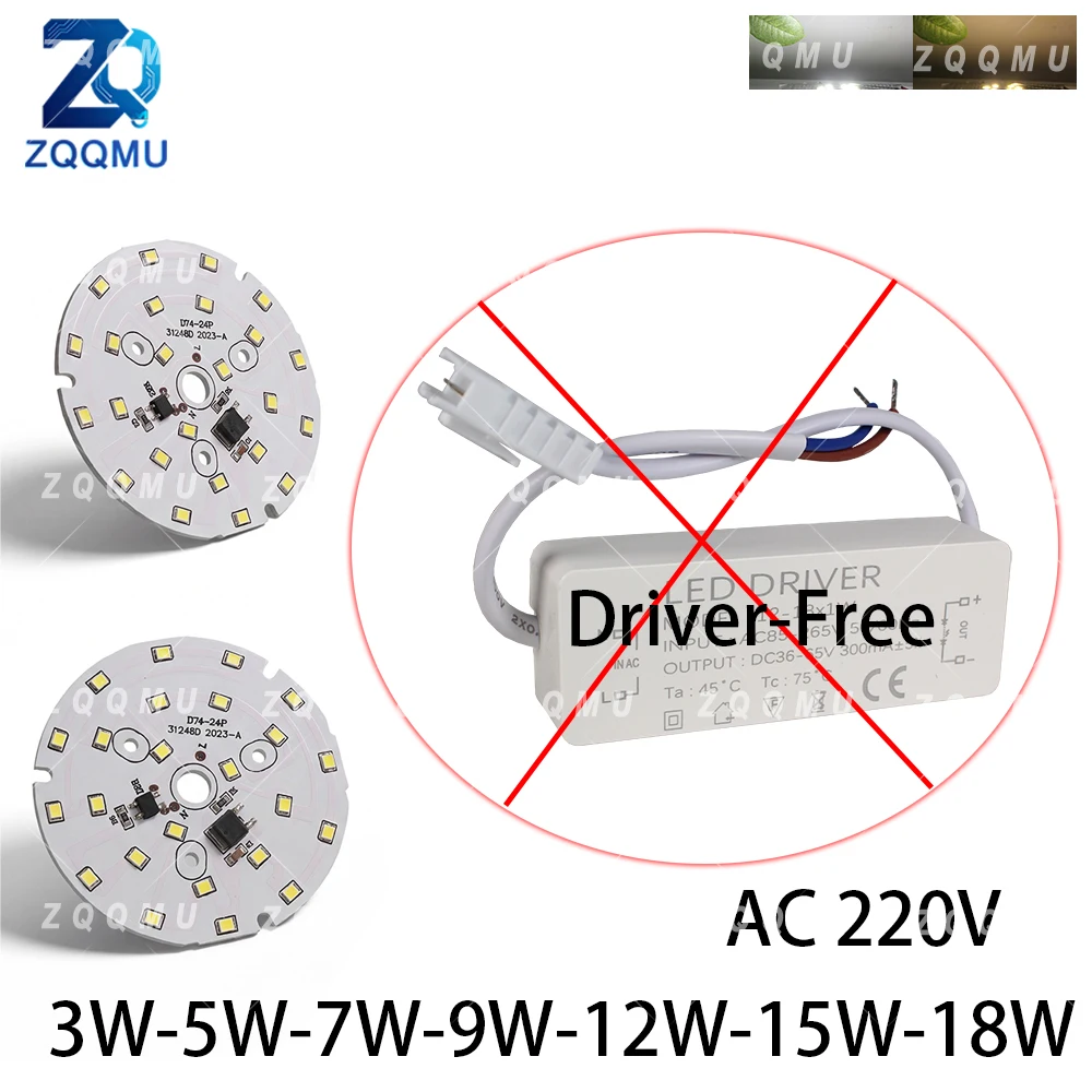 LED Chip SMD 2835 AC 220V 3W 5W 7W 9W 12W 15W 18W Round Light Source Module PCB Board for Ceiling Lamp Replacement DIY Panels