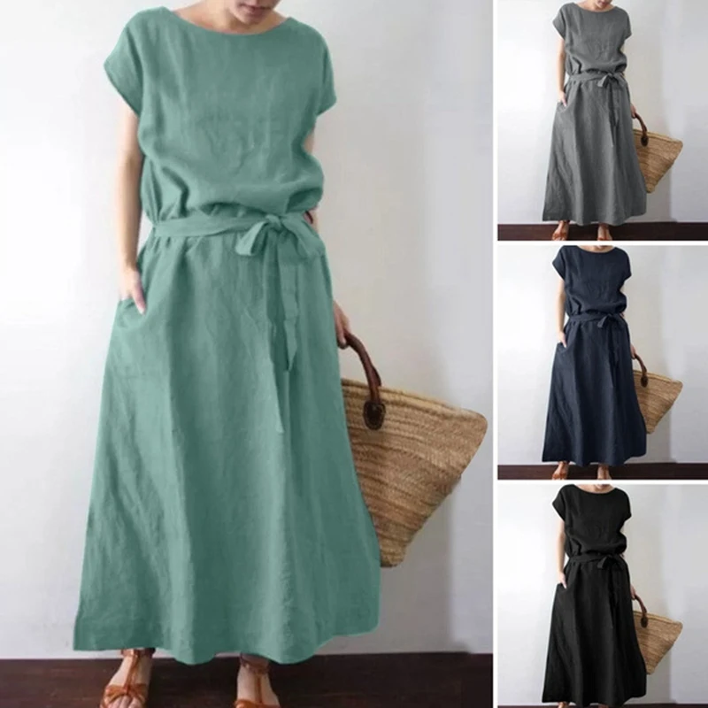 

2023 plus size casual dress 8XL 7XL 6XL fashion ladies loose round neck slit solid color pocket cotton and linen belt dress